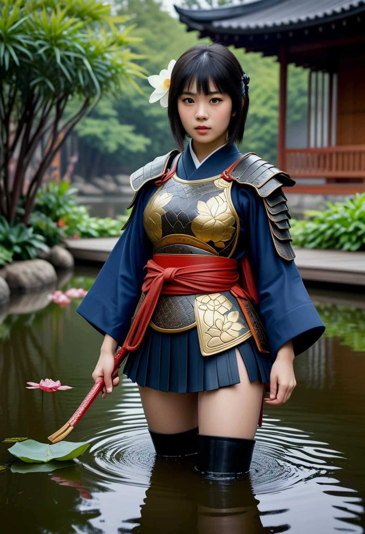 (medium full shot) of (transcendent young woman:1.1) japanese samurai, black hair, hime haircut, brown eyes, slender, wearing Leather cuirass with lotus flower design, leather tassets, leather boots with metal plating, iron kabuto helmet, wielding tanto, surprised, open mouth, pointing her finger at the viewer, .set in Koi Pond Pavilion, Tranquil pavilion overlooking a serene koi pond, wooden decking extending over the water, a graceful arched bridge for viewing the fish, lotus flowers floating on the surface, trickling water , at night. ,Masterpiece,best quality, photorealistic, amazing quality, very aesthetic, extremely detailed face,