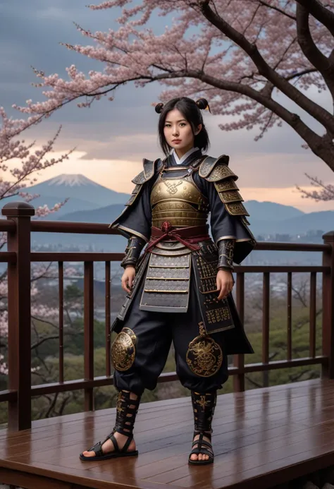 (medium full shot) of (luminous samurai) chinese young woman, curvy build, black hair, hime haircut, dark brown eyes, wearing a samurai armor, Steel lamellar cuirass with cloud motif, samurai pants, metal kabuto helmet with swirling cloud decoration, leather waraji sandals, wielding kanabo club, set in the edo era, in  Viewing Platform, Elevated platform offering a panoramic view of the entire cherry blossom grove, intricately carved wooden railing encircling the platform, cushions scattered for comfortable seating, a lone bonsai tree adding a touch of elegance, the distant silhouette of mountains against the horizon , at night, smiling at the viewer, Masterpiece,best quality, photorealistic, amazing quality, very aesthetic, extremely detailed face,