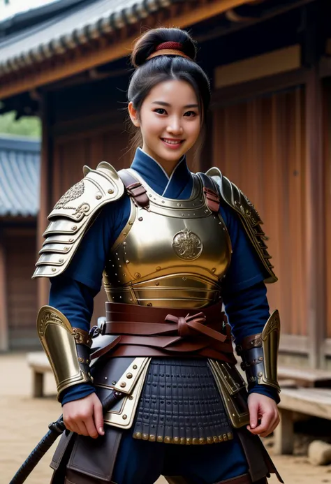 (medium full shot) of (ethereal young woman:1.1) chinese samurai, black hair, hairbun,  brown eyes, curvy,             wearing a samurai armor, Leather cuirass with samurai emblem, leather tassets, leather boots with metal plating, iron kabuto helmet, wielding kanabo club, laughing, squatting,  .set in  battlefield, Barracks, Wooden structures with straw roofs, soldiers sharpening blades under flickering torchlight, armor hanging from pegs, the distant sound of drums echoing through the night , at night, ,Masterpiece,best quality, photorealistic, amazing quality, very aesthetic, extremely detailed face,