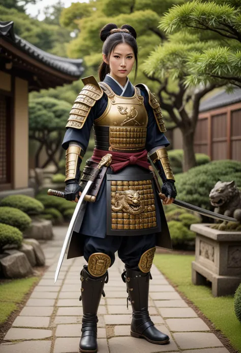 (medium full shot) of (ineffable samurai) korean young woman, voluptuous build, black hair, hairbun, dark brown eyes, wearing a samurai armor, Armor chest piece with lion engraving, plated arm guards, plated leg guards, leather boots, helmet with crest, wielding a katana, set in the edo era, in  Samurai Residence Garden, Manicured garden with carefully trimmed bushes and bonsai trees, stone pathways, wooden benches, small pond with koi fish , smiling at the viewer, Masterpiece,best quality, photorealistic, amazing quality, very aesthetic, extremely detailed face,