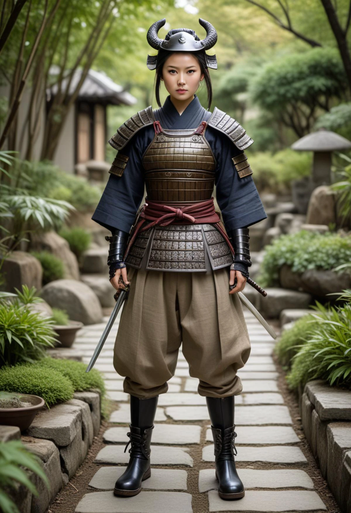 (medium full shot) of (seraphic samurai) korean young woman, curvy build, black hair, hairbun, dark brown eyes, wearing a samurai armor, Bamboo chest protector with dragon scale texture, linen monpe pants, metal kabuto helmet with bamboo leaf adornment, lacquered leather zeta boots, wielding a katana, set in the edo era, in Garden, Stone pathway winding through carefully tended plants, decorative bridge over a small stream, stone lanterns, wooden bench, miniature rock garden , surprised, open mouth, running toward the viewer, Masterpiece,best quality, photorealistic, amazing quality, very aesthetic, extremely detailed face,