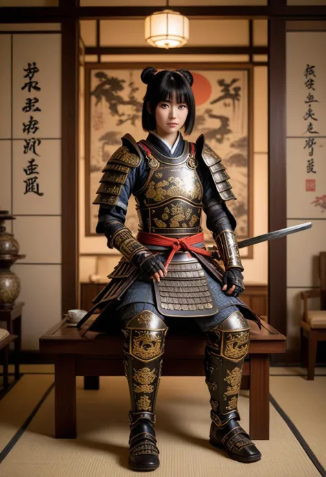 (medium full shot) of (heavenly samurai) chinese young woman, normal build, black hair, hime haircut, dark brown eyes, wearing a samurai armor, Armor chest piece with lion engraving, plated arm guards, plated leg guards, leather boots, helmet with crest, wielding a katana, set in the edo era, in  Tea Room, Tatami flooring, low wooden table with cushions, sliding paper doors, decorative hanging scrolls, tea utensils neatly arranged on a tray , at sunset, smiling at the viewer, Masterpiece,best quality, photorealistic, amazing quality, very aesthetic, extremely detailed face,