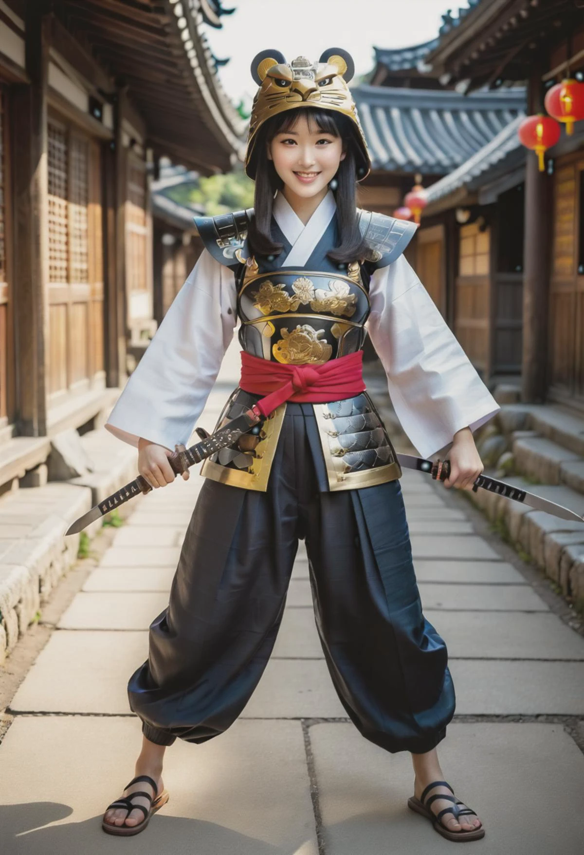 (medium full shot) of (celestial young woman:1.1) korean samurai, black hair, hime haircut, brown eyes, slender, wearing Silk chest armor with woven waves pattern, linen hitatare trousers, metal kabuto helmet with fierce lion motif, lacquered wooden setta sandals, wielding a katana, smiling at the viewer, making a heart sign with her hands, .set in Village Street, Narrow path lined with traditional wooden houses, paper lanterns hanging from eaves, wooden benches, small stone shrines tucked in corners . Masterpiece,best quality, photorealistic, amazing quality, very aesthetic, extremely detailed face,