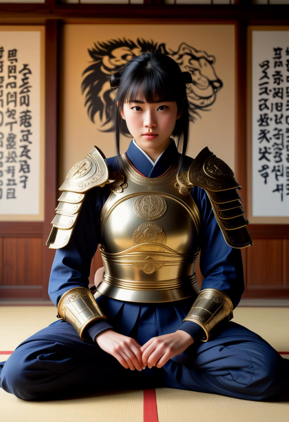 (medium full shot) of (ethereal young woman:1.1) korean samurai, black hair, hime haircut,  brown eyes, curvy,             wearing Armor chest piece with lion engraving, plated arm guards, plated leg guards, leather boots, helmet with crest, kanabo club surprised, open mouth, pointing her finger at the viewer,  .set in  Meditation Hall, Peaceful room with tatami flooring, shoji screens filtering soft sunlight, cushions arranged in a circle for group meditation, simple wooden altar with incense burning, calligraphy scrolls adorning the walls  , at sunset, ,Masterpiece,best quality, photorealistic, amazing quality, very aesthetic, extremely detailed face,