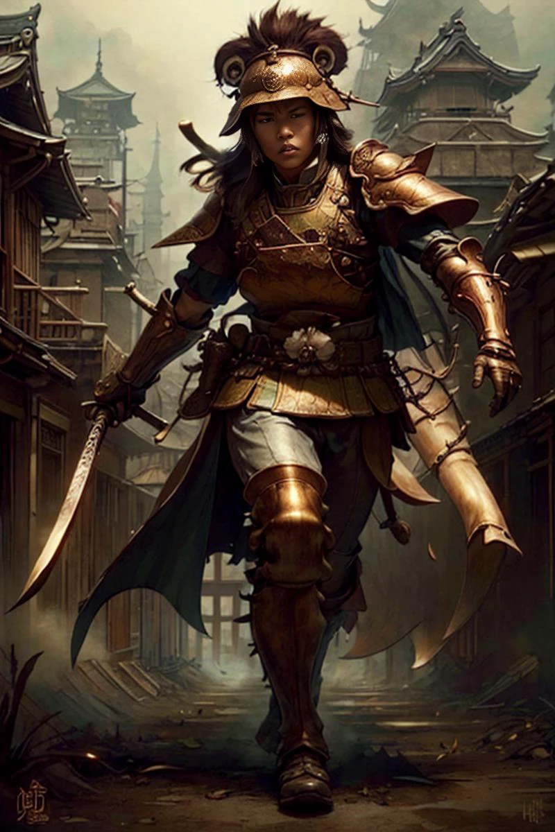 masterpiece, (hyperrealistic, best quality, lifelike:1.4), bronzepunkai, (divine samurai) chinese young woman, Medium build, black hair, straight hair, dark brown eyes, wearing a samurai armor, Steel lacquered breastplate with swirling cloud motif, samurai pants, metal kabuto helmet with thunderbolt crest, lacquered leather boots, wielding yari spear, set in the edo era, in Battlefield, Dusty ground littered with fallen leaves, samurai banners fluttering in the wind, bamboo spears thrust into the earth, wounded soldiers lying amidst scattered weapons , at night, <lora:BronzePunkAI:1.25>