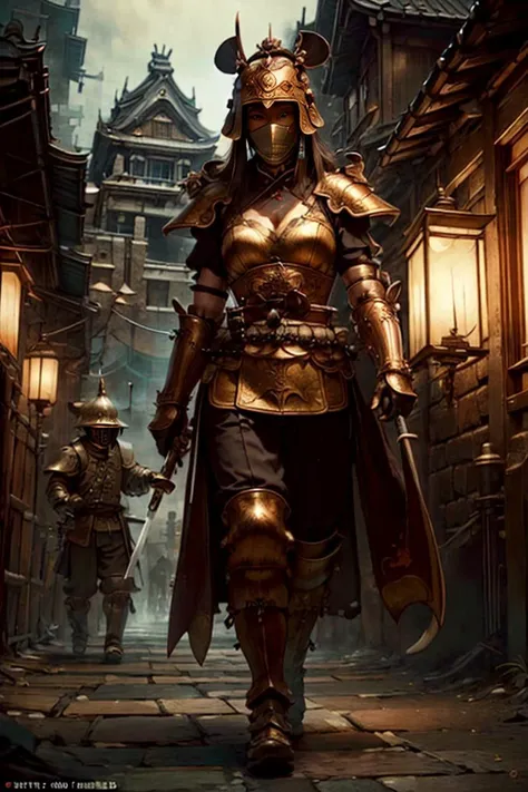 masterpiece, (hyperrealistic, best quality, lifelike:1.4), bronzepunkai, (radiant samurai) japanese young woman, voluptuous build, black hair, hairbun,  brown eyes, wearing a samurai armor, Lamellar armor cuirass with lion motif, leather shin guards, lacquered leather boots, iron helmet with neck guard, wielding a katana, set in the edo era, in __cf-geisha/location/temple__  ,  <lora:BronzePunkAI:1.25>