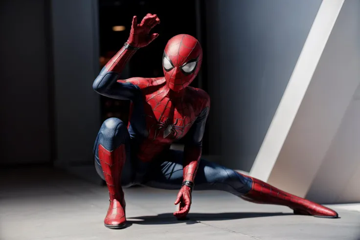 Marvel s,full body,from below,photo of a 18 year old girl,spiderman,squatting,happy,laughing,ray tracing,detail shadow,shot on Fujifilm X-T4,85mm f1.2,depth of field,blurry background,bokeh,motion blur,<lora:add_detail:1>,