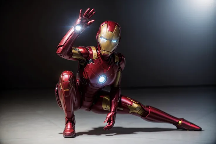 Marvel s,full body,from below,photo of a 18 year old girl,ironman,squatting,happy,laughing,ray tracing,detail shadow,shot on Fujifilm X-T4,85mm f1.2,depth of field,blurry background,bokeh,motion blur,<lora:add_detail:1>,