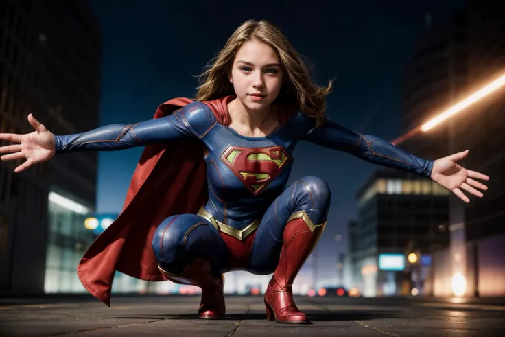 DC s,full body,photo of a 18 year old girl,supergirl,squatting,happy,ray tracing,detail shadow,sharp focus,depth of field,blurry background,bokeh,motion blur,shot on Fujifilm X-T4,14mm f1.8,<lora:add_detail:1>,