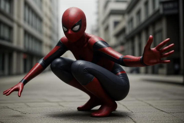 Marvel s,full body,photo of a 18 year old girl,spiderman,squatting,happy,ray tracing,detail shadow,sharp focus,depth of field,blurry background,bokeh,motion blur,shot on Fujifilm X-T4,14mm f1.8,<lora:add_detail:1>,<lora:LCM_LoRA_Weights_SD15:1>,