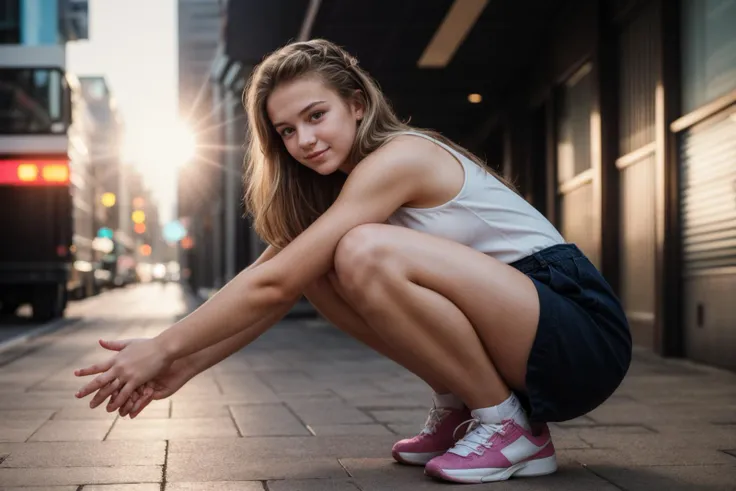 1980s,photo of a 18 year old girl,squatting,bare hands,happy,ray tracing,detail shadow,shot on Fujifilm X-T4,85mm f1.2,sharp focus,depth of field,blurry background,bokeh,lens flare,motion blur,<lora:add_detail:1>,