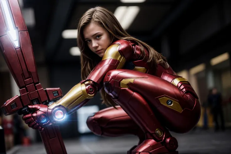 marvel s,photo of a 18 year old girl,ironman,squatting,bare hands,happy,ray tracing,detail shadow,shot on Fujifilm X-T4,85mm f1.2,sharp focus,depth of field,blurry background,bokeh,lens flare,motion blur,<lora:add_detail:1>,