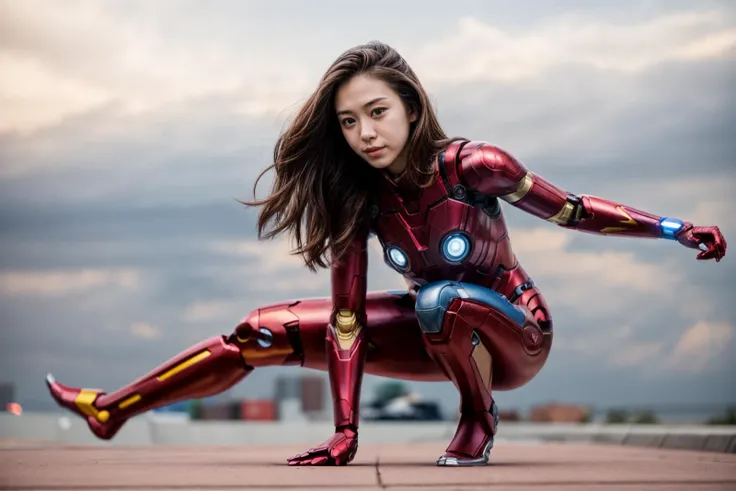 Marvel s,full body,photo of a 18 year old girl,ironman,squatting,happy,outdoor,windy,street,tokyo,ray tracing,detail shadow,sharp focus,depth of field,blurry background,bokeh,motion blur,shot on Fujifilm X-T4,14mm f1.8,<lora:add_detail:1>,