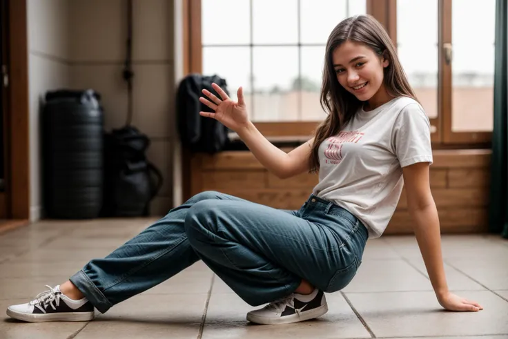 full body,photo of a 18 year old girl,squatting,bare hands,happy,laughing,shirt,pants,ray tracing,detail shadow,shot on Fujifilm X-T4,85mm f1.2,depth of field,bokeh,motion blur,<lora:add_detail:1>,