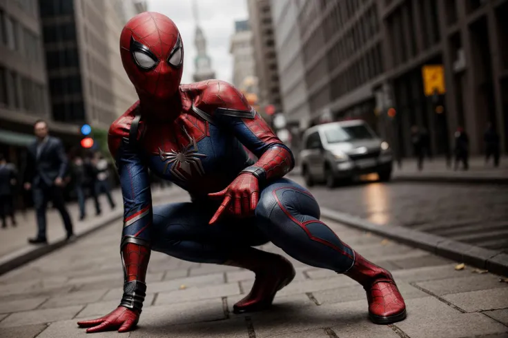 Marvel s,full body,photo of a 18 year old girl,spiderman,squatting,happy,laughing,pants,ray tracing,detail shadow,shot on Fujifilm X-T4,85mm f1.2,depth of field,bokeh,motion blur,<lora:add_detail:1>,