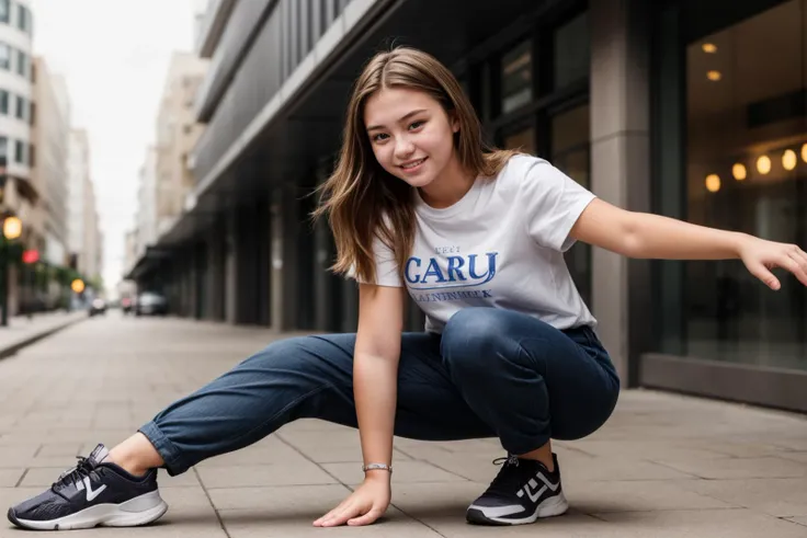 full body,photo of a 18 year old girl,squatting,happy,shirt,pants,ray tracing,detail shadow,sharp focus,depth of field,blurry background,bokeh,motion blur,shot on Fujifilm X-T4,14mm f1.8,<lora:add_detail:1>,