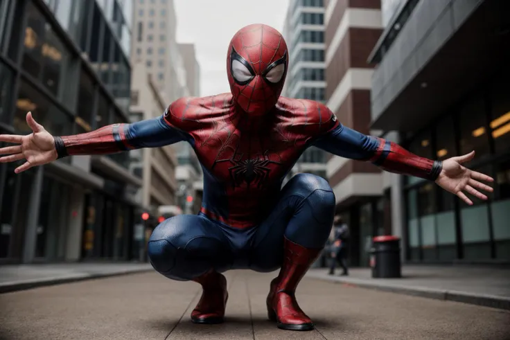 Marvel s,full body,photo of a 18 year old girl,spiderman,squatting,happy,shirt,pants,ray tracing,detail shadow,sharp focus,depth of field,blurry background,bokeh,motion blur,shot on Fujifilm X-T4,14mm f1.8,<lora:add_detail:1>,