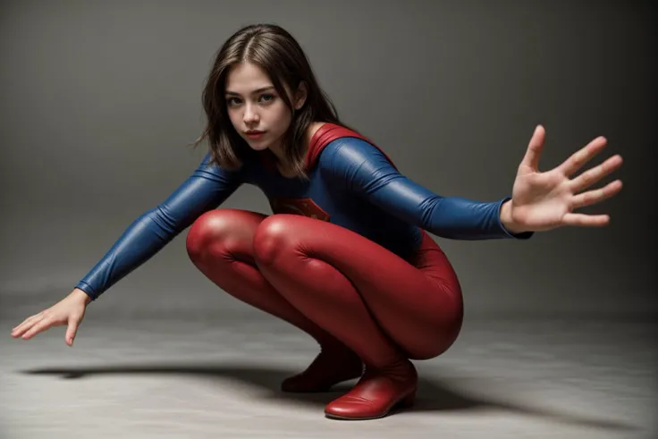 DC s,full body,photo of a 18 year old girl,supergirl,squatting,happy,ray tracing,detail shadow,sharp focus,depth of field,blurry background,bokeh,motion blur,shot on Fujifilm X-T4,14mm f1.8,<lora:add_detail:1>,<lora:LCM_LoRA_Weights_SD15:1>,