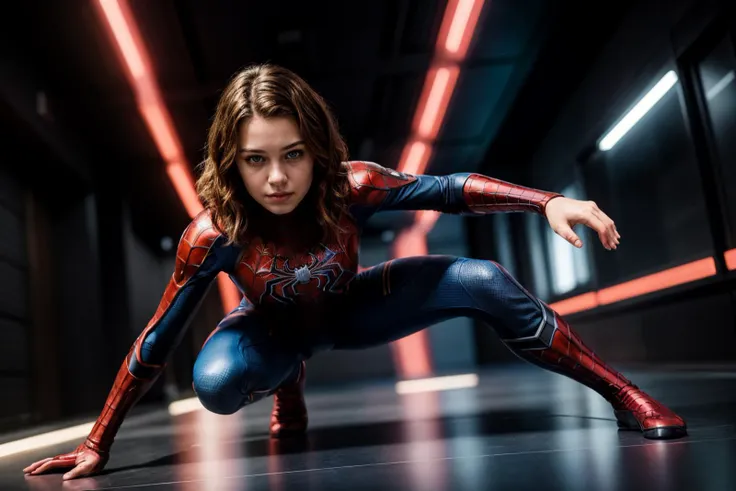 marvel s,spider girl,photo of a 18 year old girl,happy,kneeling,ray tracing,detail shadow,shot on Fujifilm X-T4,85mm f1.2,sharp focus,depth of field,blurry background,bokeh,lens flare,motion blur,<lora:add_detail:1>,