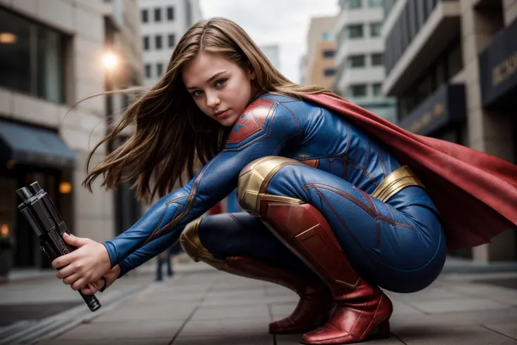 DC s,photo of a 18 year old girl,supergirl,squatting,bare hands,happy,ray tracing,detail shadow,shot on Fujifilm X-T4,85mm f1.2,sharp focus,depth of field,blurry background,bokeh,lens flare,motion blur,<lora:add_detail:1>,