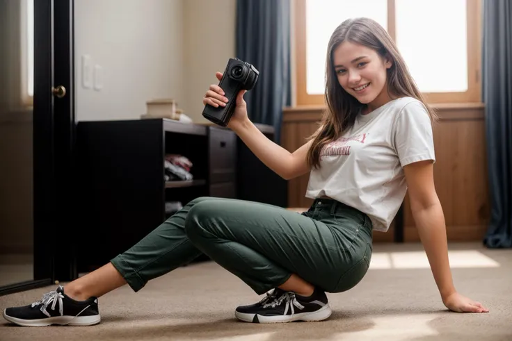 full body,photo of a 18 year old girl,squatting,happy,laughing,shirt,pants,ray tracing,detail shadow,shot on Fujifilm X-T4,85mm f1.2,depth of field,bokeh,motion blur,<lora:add_detail:1>,