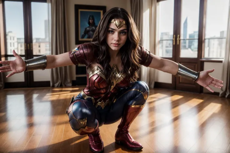 DC s,full body,photo of a 18 year old girl,wonder woman,squatting,happy,shirt,pants,ray tracing,detail shadow,sharp focus,depth of field,blurry background,bokeh,motion blur,shot on Fujifilm X-T4,14mm f1.8,<lora:add_detail:1>,