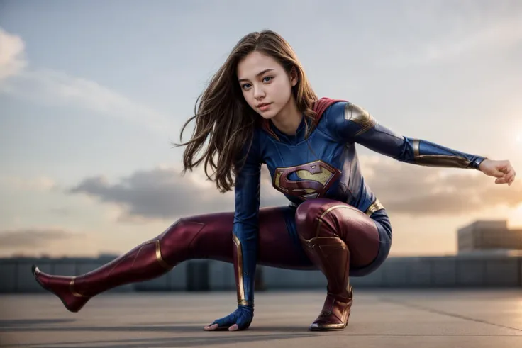 DC s,full body,photo of a 18 year old girl,supergirl,squatting,happy,outdoor,windy,street,tokyo,ray tracing,detail shadow,sharp focus,depth of field,blurry background,bokeh,motion blur,shot on Fujifilm X-T4,14mm f1.8,<lora:add_detail:1>,