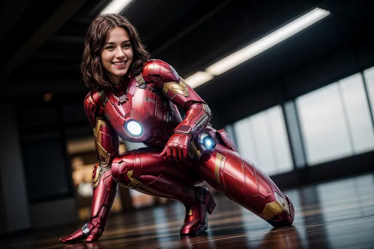 Marvel s,full body,photo of a 18 year old girl,ironman,squatting,happy,laughing,pants,ray tracing,detail shadow,shot on Fujifilm X-T4,85mm f1.2,depth of field,bokeh,motion blur,<lora:add_detail:1>,