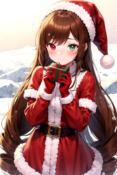 masterpiece, best quality, 1girl, <lora:Suiseiseki_loha_v1.2:0.875> suiseiseki, twin drills, heterochromia, santa hat, santa dress, red dress, red gloves, fur-trimmed gloves, fur-trimmed headwear, gift, holding, blush, embarrassed, snow