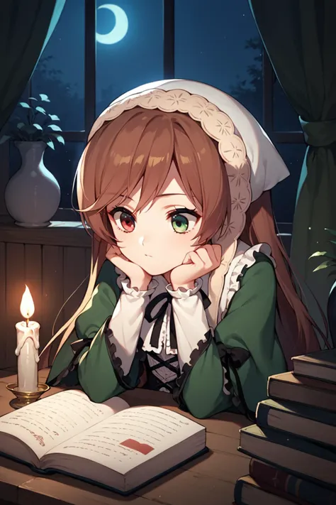 score_9, score_8_up, score_7_up, score_6_up, source_anime, 1girl, <lora:Suiseiseki_pdxl_v1.0:0.95> suiseiseki, bonnet, head scarf, ribbon, green dress, corset, night, dark, dim candlelight, candle, messy study room, many books, grimoire, book stock, head rest, vase