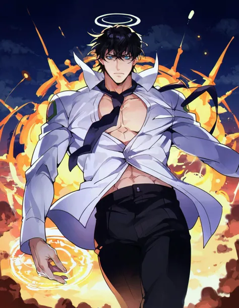 score_9, score_8_up, score_7_up, source_anime,
perspective, foreshortening, symmetry, from below,
tatsuyashiba, tatsuya shiba,
( jojo pose:1.2), muscular, MUKSAL,
blue eyes, black hair, male focus, loose necktie, necktie, abs, pants, open clothes, open shirt, black pants, school uniform, long sleeves, expressionless, cowboy shot, looking at viewer, solo,
nuclear explosion, radiation symbol,
unbuttoned, muscular male,
glowing eyes, walking,
magic circle,
halo, sky, night, cityscape,
outdoors,
<lora:tatsuya-shiba-s2-ponyxl-lora-nochekaiser:0.8>
<lora:muksal3.0:0.8>