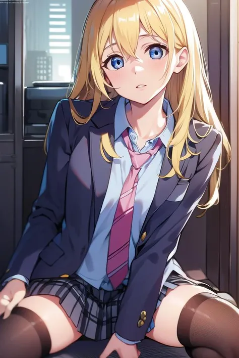 kaorimiyazono, <lyco:miyazonokaori-LYCORIStest:1>,
kaori miyazono, long hair, blue eyes, blonde hair, lips, pink lips, (small breast:1.2),
BREAK skirt, school uniform, jacket, pleated skirt, necktie, socks, kneehighs, blazer,
BREAK looking at viewer, hands behind head,
BREAK indoors, classroom,
BREAK <lora:GoodHands-vanilla:1>, (masterpiece:1.2), best quality, high resolution, unity 8k wallpaper, (illustration:0.8), (beautiful detailed eyes:1.6), extremely detailed face, perfect lighting, extremely detailed CG, (perfect hands, perfect anatomy),