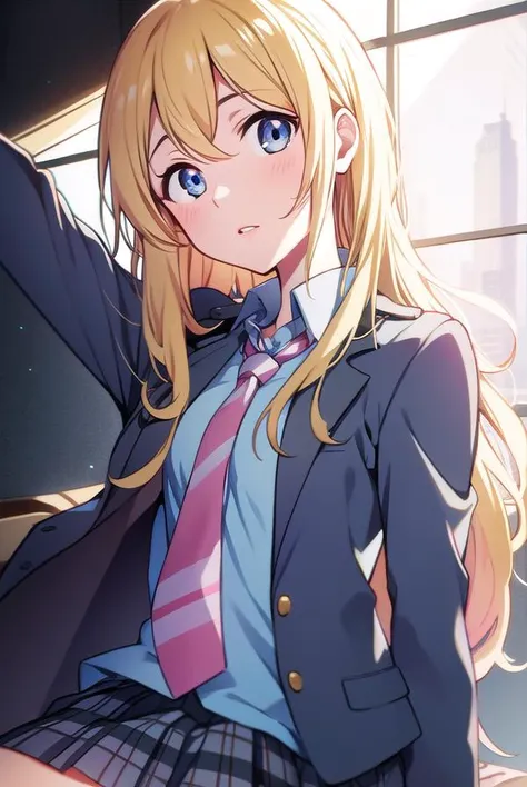 kaorimiyazono, <lyco:miyazonokaori-LYCORIStest:1>,
kaori miyazono, long hair, blue eyes, blonde hair, lips, pink lips, (small breast:1.2),
BREAK skirt, school uniform, jacket, pleated skirt, necktie, socks, kneehighs, blazer,
BREAK looking at viewer, hands behind head,
BREAK indoors, classroom,
BREAK <lora:GoodHands-vanilla:1>, (masterpiece:1.2), best quality, high resolution, unity 8k wallpaper, (illustration:0.8), (beautiful detailed eyes:1.6), extremely detailed face, perfect lighting, extremely detailed CG, (perfect hands, perfect anatomy),