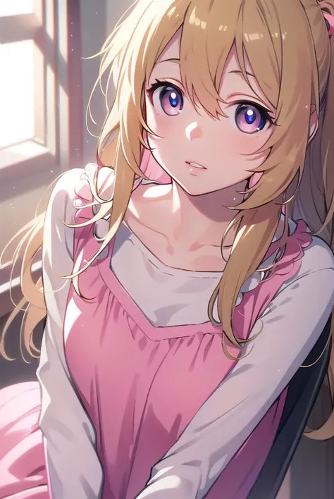 Keikaru Izawa、Karuizawa Kei、long hair、bangs、bangs、bangs、(Purple pupils:1.1)、blonde、hair ornaments、ponytail、Scrunchie、ブルーScrunchie、(small breasts:1.2)、 BREAK underwear、Purple Bra、purple ruffled panties、 indoor、Bedroom、 Looking at BREAK viewer、BREAK(masterpiece:1.2)、Highest image quality、High resolution、unified 8k wallpaper、(An illustration:0.8)、(beautiful detailed eyes:1.6)、highly detailed face、perfect lighting、Highly detailed CG、(perfect hands、perfect anatomy)、blush、smile、sexy pose
