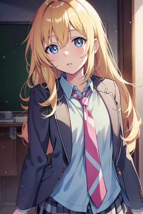 kaorimiyazono, <lyco:miyazonokaori-LYCORIStest:1>,
kaori miyazono, long hair, blue eyes, blonde hair, lips, pink lips, (flat chest:1.2),
BREAK skirt, school uniform, jacket, pleated skirt, necktie, socks, kneehighs, blazer,
BREAK looking at viewer, hands behind head,
BREAK indoors, classroom,
BREAK <lora:GoodHands-vanilla:1>, (masterpiece:1.2), best quality, high resolution, unity 8k wallpaper, (illustration:0.8), (beautiful detailed eyes:1.6), extremely detailed face, perfect lighting, extremely detailed CG, (perfect hands, perfect anatomy),