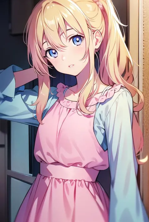 kaorimiyazono, <lyco:miyazonokaori-LYCORIStest:1>,
kaori miyazono, long hair, blue eyes, blonde hair, lips, pink lips, (small breast:1.2),
BREAK dress, ponytail, (pink dress:1.5), white shirt, long sleeves,
BREAK looking at viewer, hands behind head,
BREAK indoors, classroom,
BREAK <lora:GoodHands-vanilla:1>, (masterpiece:1.2), best quality, high resolution, unity 8k wallpaper, (illustration:0.8), (beautiful detailed eyes:1.6), extremely detailed face, perfect lighting, extremely detailed CG, (perfect hands, perfect anatomy),