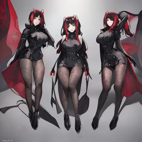 3 girls, sex, expressions, variety of hairstyles, variety of bangs, high fantasy costume, ((white background)), full body, multiple views, succubus,  thong, shrug, leotard, cleavage, tie, 