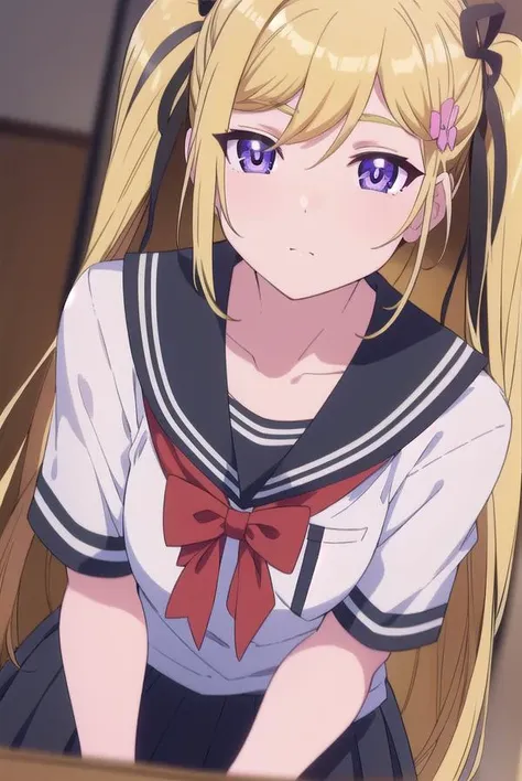 mafuyuorifushi, <lyco:mafuyuorifushi-lyco-nochekaiser:1>,
mafuyu orifushi, long hair, blonde hair, hair ornament, ribbon, twintails, (purple eyes:1.1), hair ribbon,
BREAK school uniform, serafuku, bow, red bow, black sailor collar, black skirt, skirt,
BREAK looking at viewer,
BREAK indoors, classroom,
BREAK <lyco:GoodHands-beta2:1>, (masterpiece:1.2), best quality, high resolution, unity 8k wallpaper, (illustration:0.8), (beautiful detailed eyes:1.6), extremely detailed face, perfect lighting, extremely detailed CG, (perfect hands, perfect anatomy),