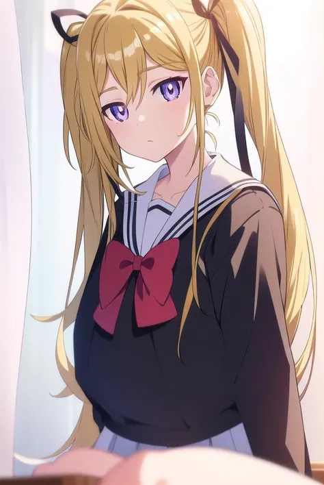 mafuyuorifushi, <lyco:mafuyuorifushi-lyco-nochekaiser:1>,
mafuyu orifushi, long hair, blonde hair, hair ornament, ribbon, twintails, (purple eyes:1.1), hair ribbon,
BREAK school uniform, serafuku, bow, red bow, black sailor collar, black skirt, skirt,
BREAK looking at viewer,
BREAK indoors, classroom,
BREAK <lyco:GoodHands-beta2:1>, (masterpiece:1.2), best quality, high resolution, unity 8k wallpaper, (illustration:0.8), (beautiful detailed eyes:1.6), extremely detailed face, perfect lighting, extremely detailed CG, (perfect hands, perfect anatomy),