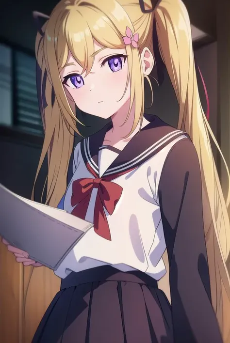 mafuyuorifushi, <lyco:mafuyuorifushi-lyco-nochekaiser:1>, 
mafuyu orifushi, long hair, blonde hair, hair ornament, ribbon, twintails, (purple eyes:1.1), hair ribbon,
BREAK school uniform, serafuku, bow, red bow, black sailor collar, black skirt, skirt,
BREAK looking at viewer,
BREAK indoors, classroom,
BREAK <lyco:GoodHands-beta2:1>, (masterpiece:1.2), best quality, high resolution, unity 8k wallpaper, (illustration:0.8), (beautiful detailed eyes:1.6), extremely detailed face, perfect lighting, extremely detailed CG, (perfect hands, perfect anatomy),