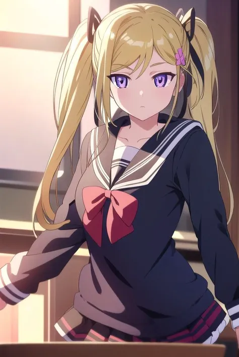 mafuyuorifushi, <lyco:mafuyuorifushi-lyco-nochekaiser:1>,
mafuyu orifushi, long hair, blonde hair, hair ornament, ribbon, twintails, (purple eyes:1.1), hair ribbon,
BREAK school uniform, serafuku, bow, red bow, black sailor collar, black skirt, skirt,
BREAK looking at viewer,
BREAK indoors, classroom,
BREAK <lyco:GoodHands-beta2:1>, (masterpiece:1.2), best quality, high resolution, unity 8k wallpaper, (illustration:0.8), (beautiful detailed eyes:1.6), extremely detailed face, perfect lighting, extremely detailed CG, (perfect hands, perfect anatomy),