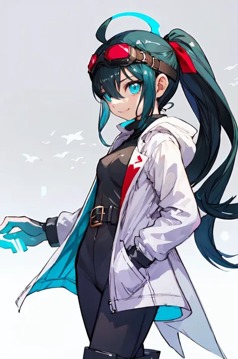 <lora:NakayamaTooru:1> sketch, mecha, column lineup,, ultra detailed, masterpiece, best quality, solo, smile, 1girl, (teal eyes:1.1), (aqua eyes:0.45), (black hair:1.2), <lora:low_ponytail-1.0:0.95> low ponytail, ahoge, low ponytail, absurdly long hair, very long hair, (hair flaps:1.2), flipped hair, hair between eyes, bangs, messy hair, small breasts, (goggles on head:1.3), hooded coat, open coat, turtleneck, capri pants, black knee boots, multiple belts, multiple straps, white long jacket, white coat, (half-skirt:0.65), layered clothes, hair ribbon,