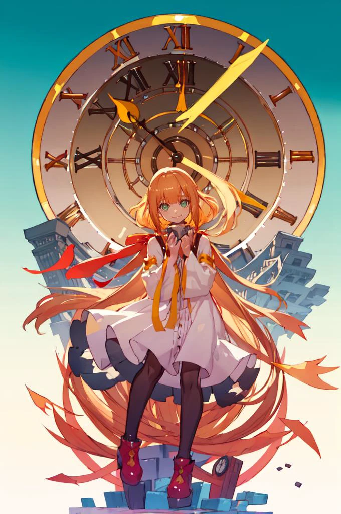 smile, straight-on, hands up, clenched hands, (clock tower:1.3), outdoors, <lora:Strelitzia:0.8> khstrelitzia, low twintails, <lora:NakayamaTooru:1> sketch, mecha,, absurdres, ultra detailed, masterpiece, best quality, aesthetic, detailed,