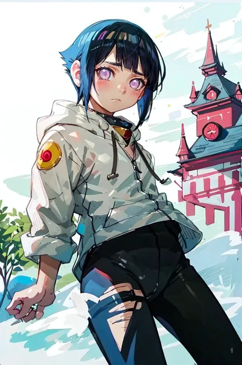 solo, shy, blush, looking down, pov, facing viewer, <lora:hinata_hyuuga:0.75> hinata_hyuuga, white eyes, no pupils, short hair, blue hair, blunt bangs, sidelocks, hoodie, forehead protector, jacket, blue pants, <lora:NakayamaTooru:1> sketch, mecha,, absurdres, ultra detailed, masterpiece, best quality, aesthetic, detailed,
