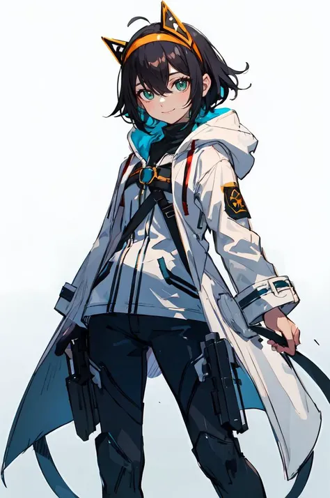 <lora:NakayamaTooru:0.65> sketch, mecha,, ultra detailed, masterpiece, best quality, solo, smile, 1boy, green eyes, short hair, black hair, bangs, hair between eyes, messy hair, goggles on head, headband, white coat, hooded coat, hood down, open coat, turtleneck, capri pants, pants, black knee boots,