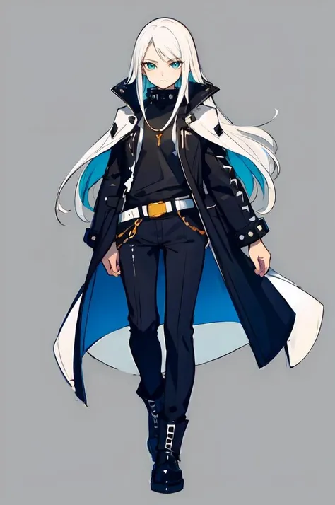 <lora:NakayamaTooru:0.6> sketch, mecha,, ultra detailed, masterpiece, best quality, solo, 1boy, teal eyes, <lora:Tsurime3:1>, (tsurime:1.2), parted bangs, white hair, medium hair, straight hair, shoulder-length hair, male focus, coat, shirt, pants, studded belt, multiple belts, combat boots, torn clothes, necklace, black coat, black and green theme,