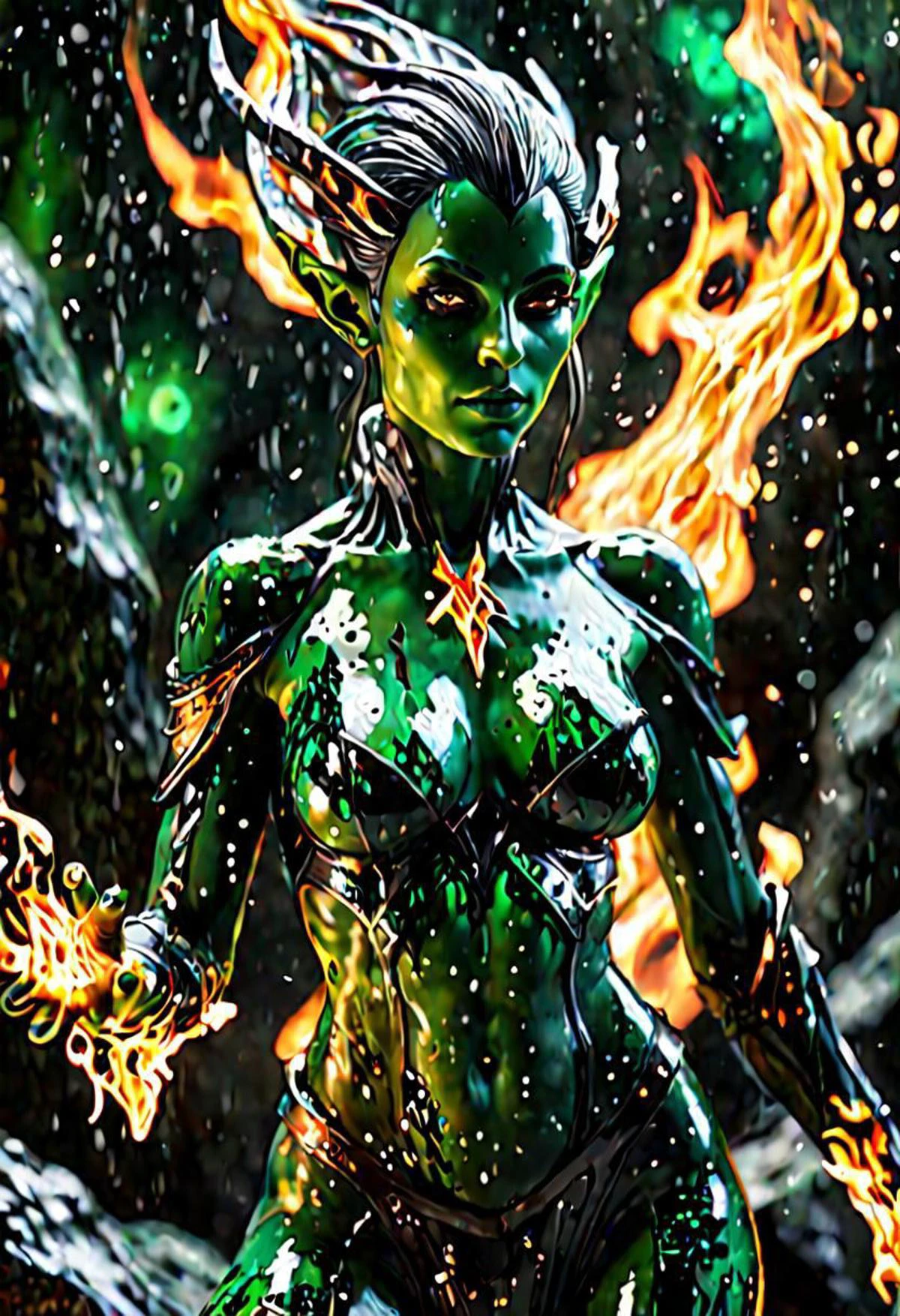 A 3d green obsidian, female dark elf figure, bleeding plasma, splattered with fire, in a dramatic, dynamic scene, heavy bokeh, caustic light effects, shadowing accents