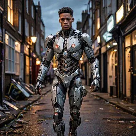 a cyborg walking down the war torn streets of london , translucent, high quality photography, 3 point lighting, flash with softbox, 4k, Canon EOS R3, hdr, smooth, sharp focus, high resolution, award winning photo, 80mm, f2.8, bokeh, undefined