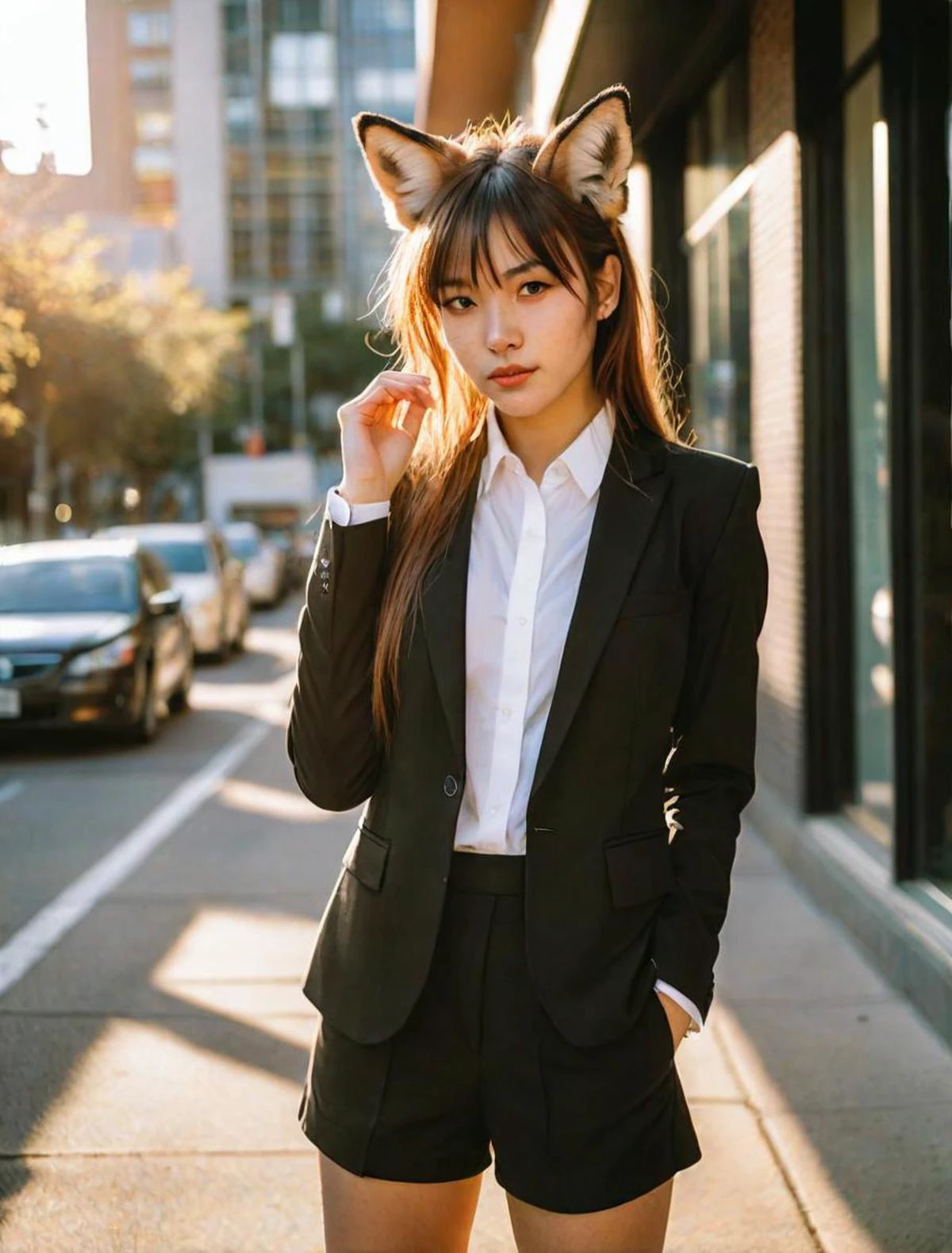 [ (by Jerry Pinkney:0.9) and Robert Munsch:2], photograph, Normcore Art, young_woman, fox ears, skimpy, young_woman, fox ears, skimpy is Beautiful, in Black business suit, Flustered, Sunlight, film grain, Sony A7, L USM