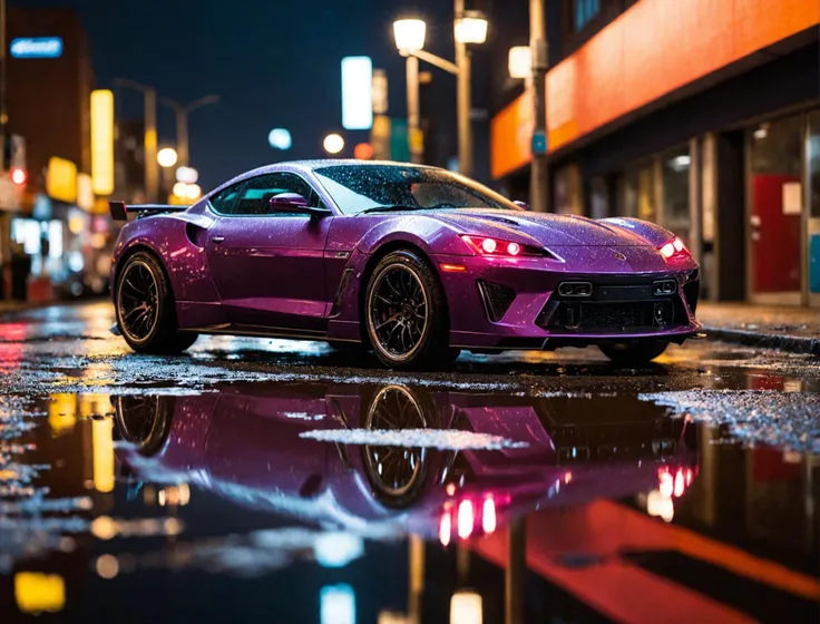 sports car, cyberpunk, reflecting puddles, Fujichrome Provia 100F, F/8, RTX, photolab, high quality photography, 3 point lighting, flash with softbox, 4k, Canon EOS R3, hdr, smooth, sharp focus, high resolution, award winning photo, 80mm, f2.8, bokeh
